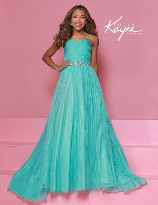 Aqua pleated pageant gown with sweetheart neckline, double straps, and jeweled waistband, perfect for girls' runway or formal wear.